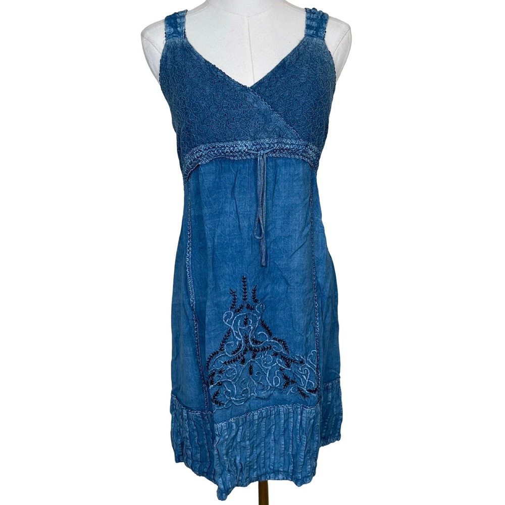 Vintage Raya Sun Embroidered Lace Sun Dress Women L Blue Boho Whimsigoth Y2K